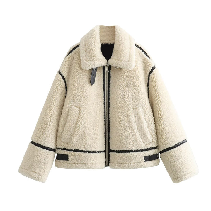 Damska oversize Teddy kurtka in Aviator styl z imitacja skóry Piping, stójka kołnierzem i zamkiem błyskawicznym Lumaza