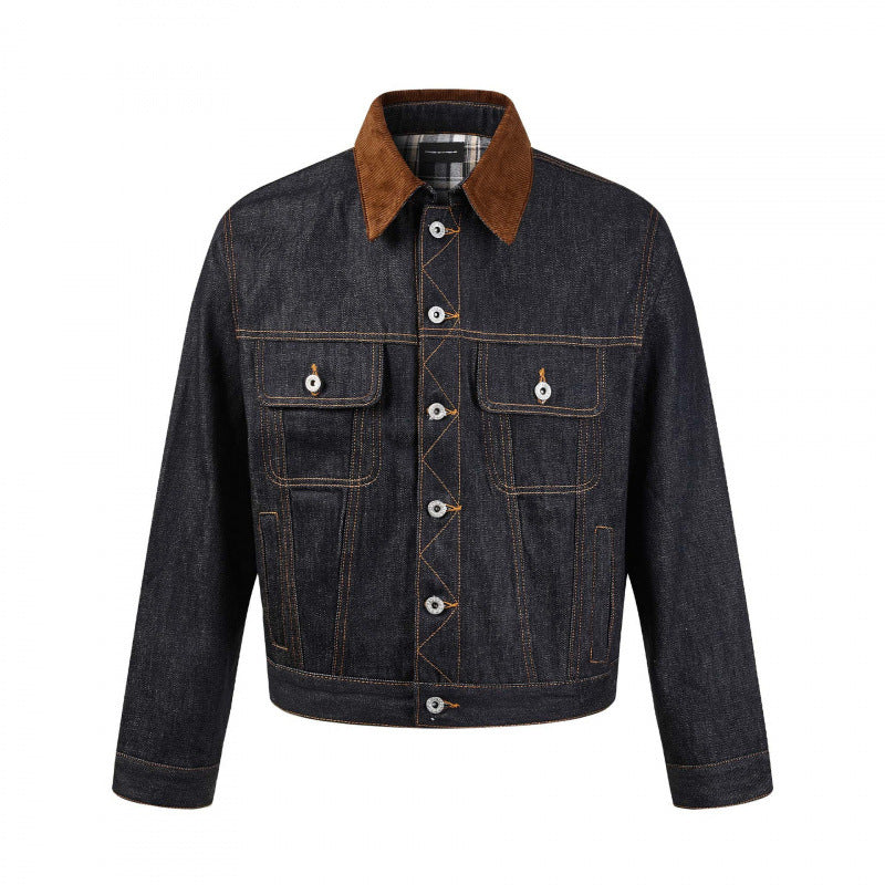 Męska boxy denim kurtka z Corduroy kołnierzem i w kratę Lwwg