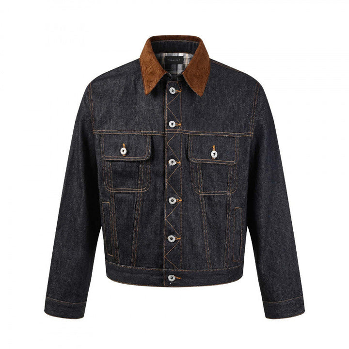 Męska boxy denim kurtka z Corduroy kołnierzem i w kratę Lwwg