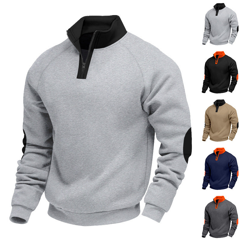 Męska krótki zamek polar pulower z Stójka raglanowy Rękawy i elbow patches