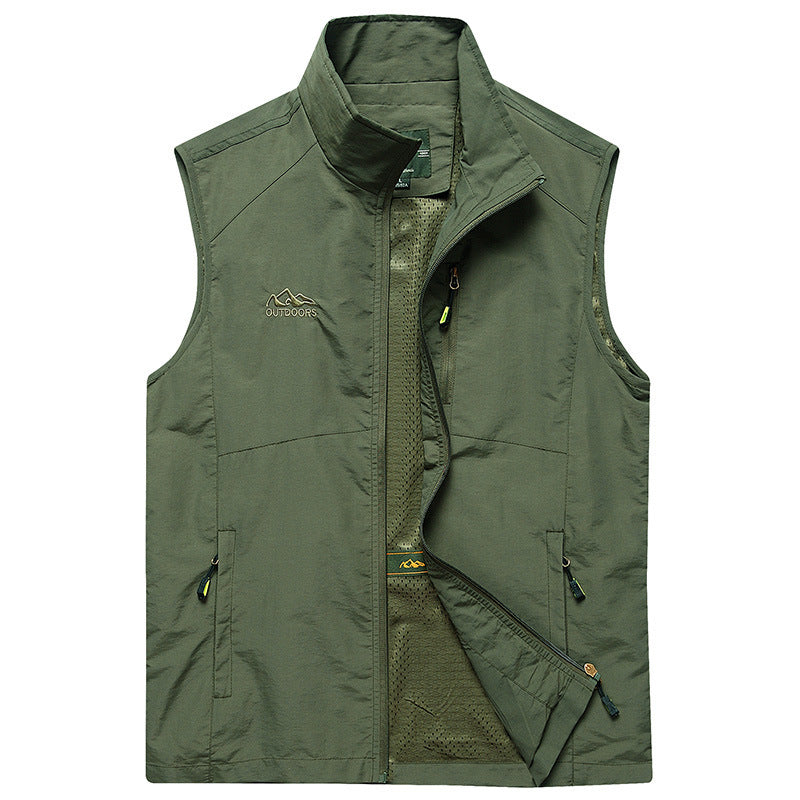 Męski ultra-lekki oddychający outdoorowy trekking kamizelka z siatka podszewka, stójka i wiele zippered kieszenie