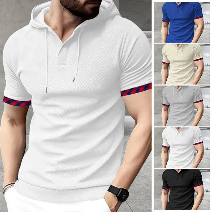 Męska dopasowany Krój krótka rękaw z kapturem koszula w polo Styl z Henley Dekolt i checkered rękaw cuff
