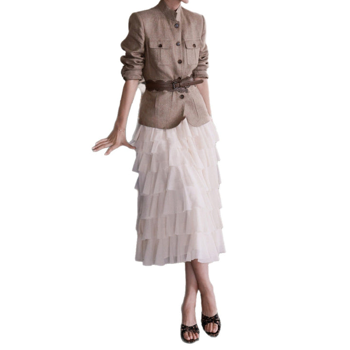Damska elegancka Linen kurtka z Waist paskiem Drune