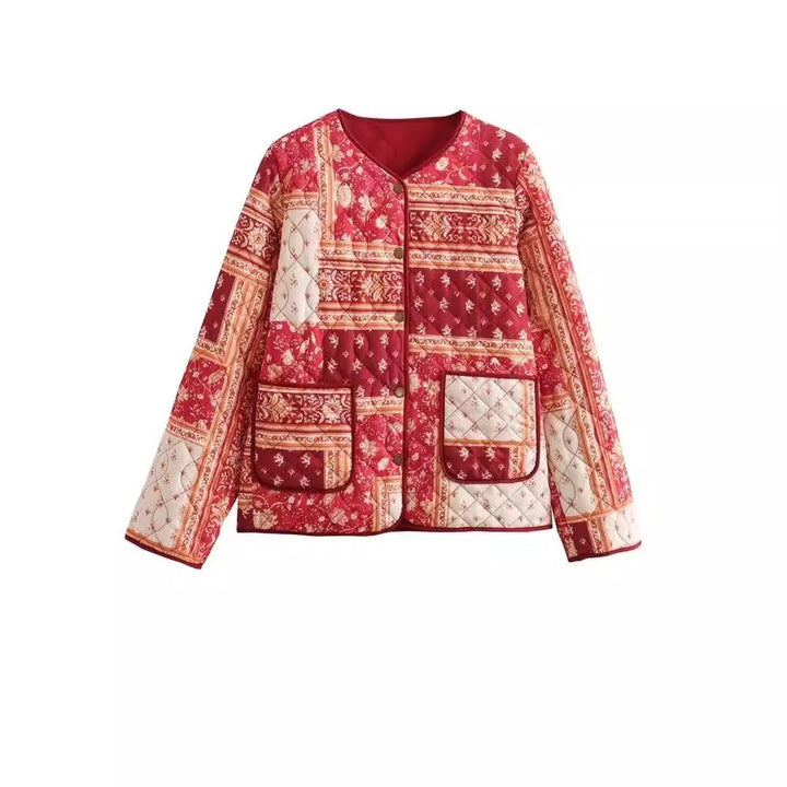 Damska pikowana kurtka in patchwork bandana design z round neck i z naszywanymi kieszeniami Lumaza
