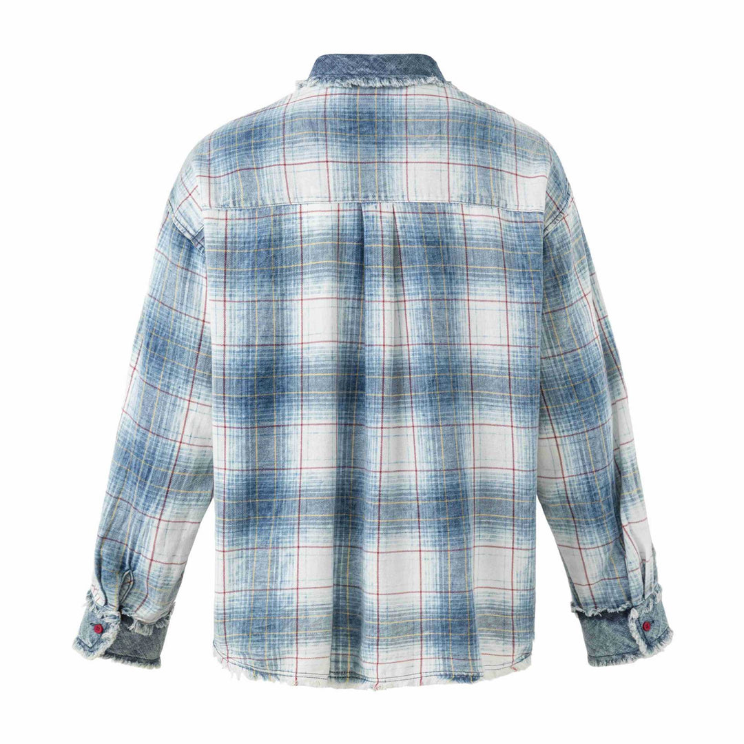 Damska Oversize W kratę Kurtka koszulowa z Denim Applications i Postrzępiony Krawędzie