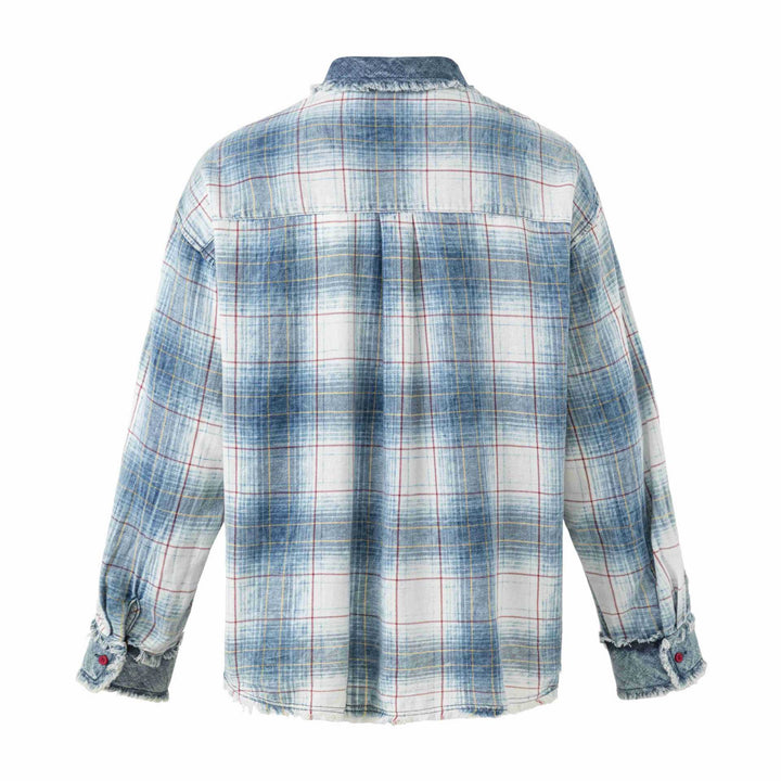 Damska Oversize W kratę Kurtka koszulowa z Denim Applications i Postrzępiony Krawędzie