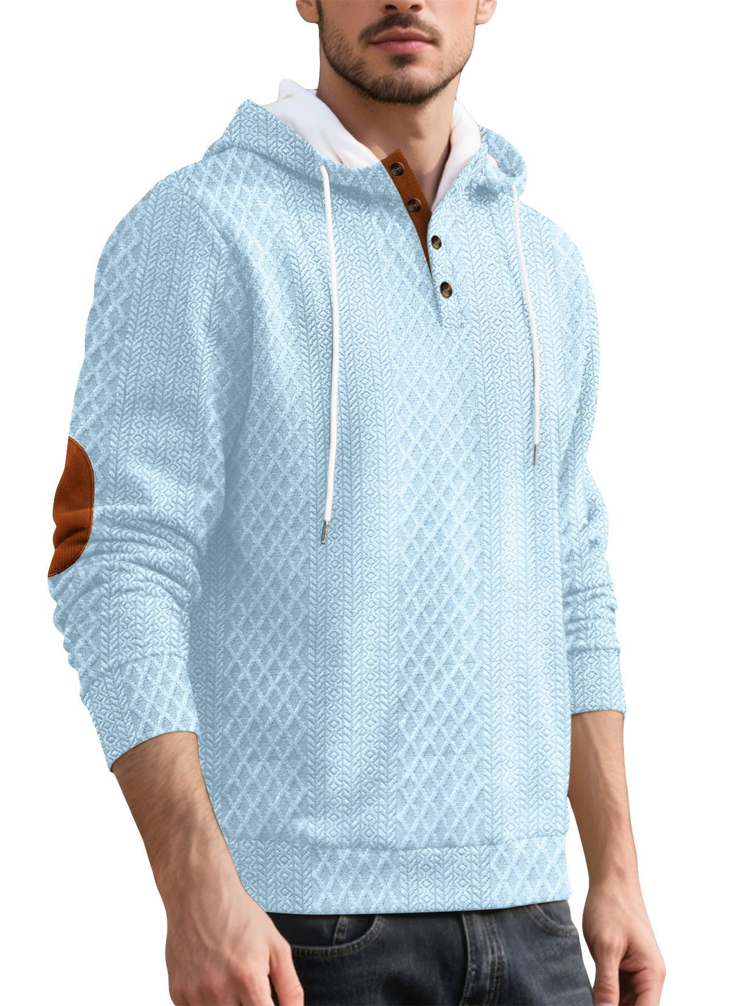 Męska nan diamond structure bluza z kapturem z krótka Listwa guzikowa, pikowana kaptur wewnętrzny edge, i zamsz elbow patch