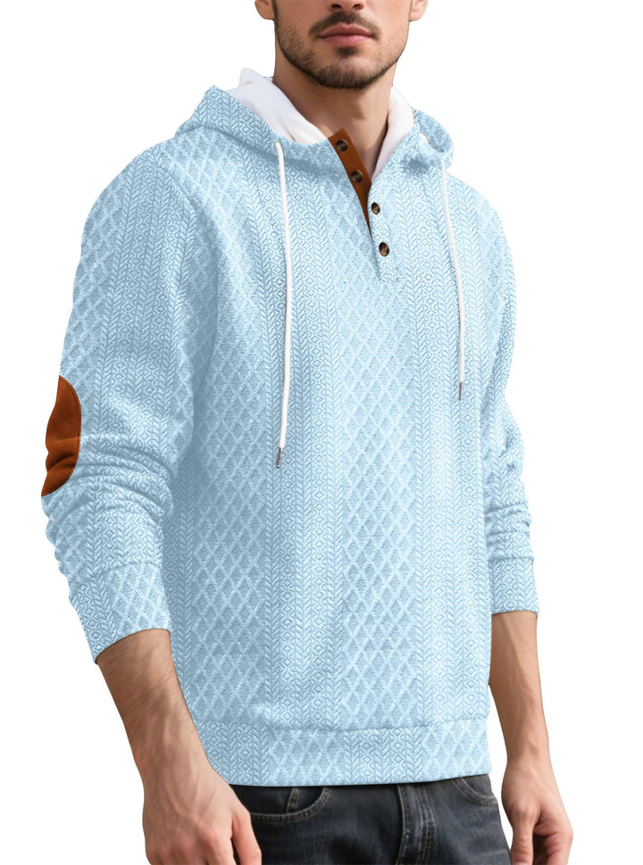 Męska nan diamond structure bluza z kapturem z krótka Listwa guzikowa, pikowana kaptur wewnętrzny edge, i zamsz elbow patch