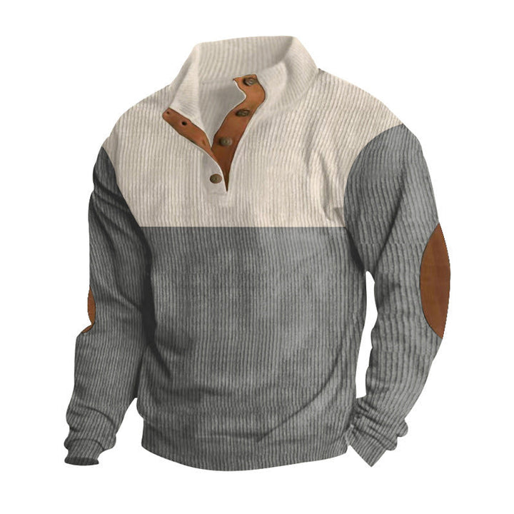 Męska strukturalny rugby sweter z Stójka, Listwa guzikowa, i skóra elbow patches