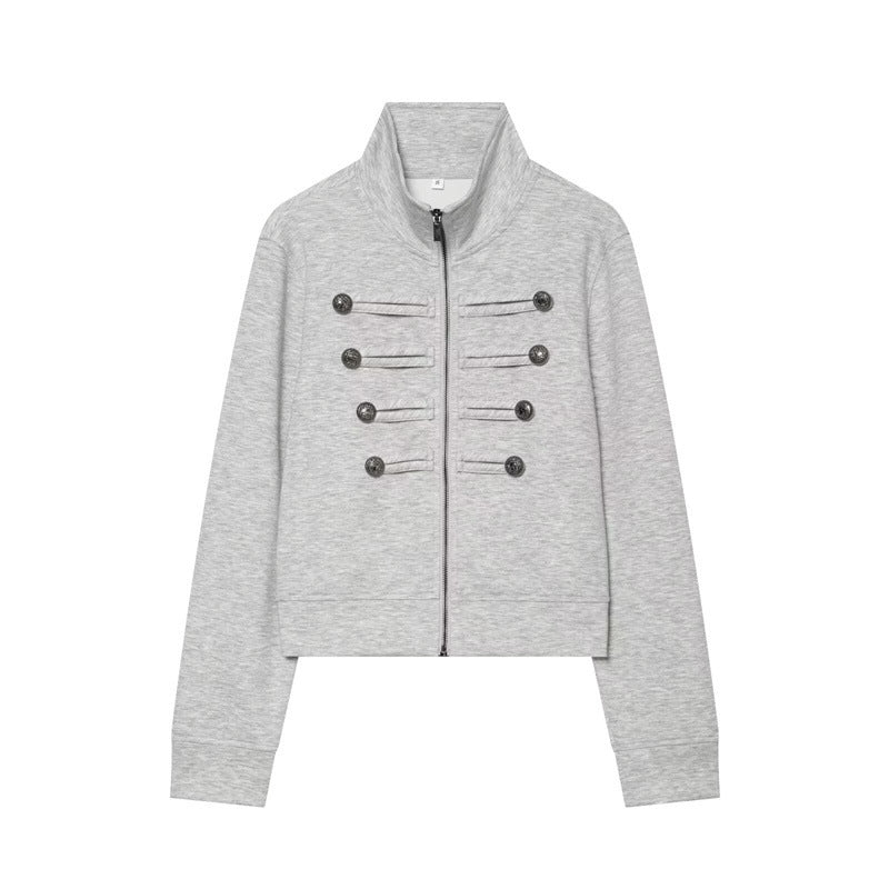 Damska krótka Sweat kurtka in Military Look z ze stójką i Decorative guzikami listwą Lumaza