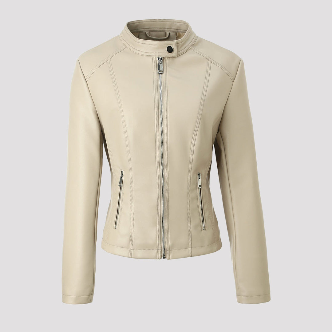 Damska taliowana Leather kurtka z ze stójką, Vertical Decorative Seams i z kieszeniami na zamek Lumaza