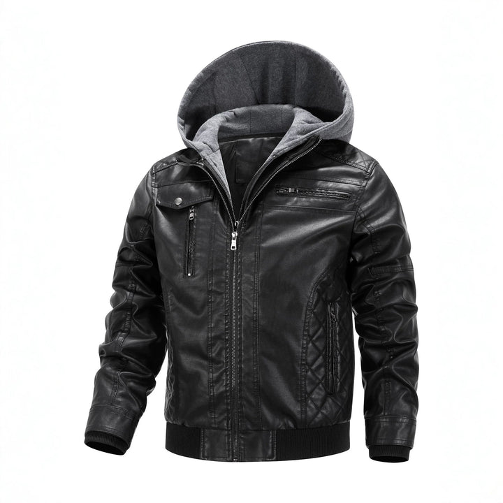 Męska imitacja skóra Biker kurtka z Removable kapturem Panel i pikowana boczne Panels
