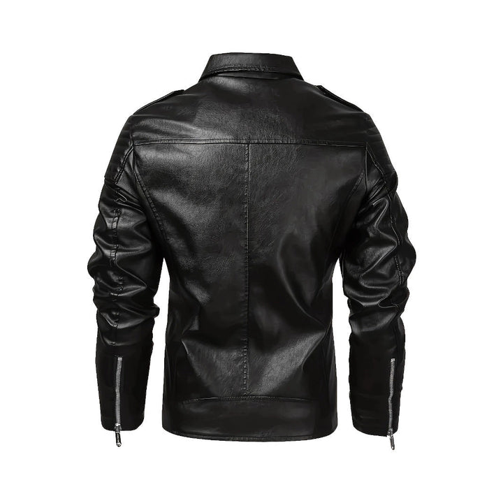 Męski biker kurtka wykonany z imitacja skóry z asymmetrical zamek i ocieplany ramienny inserts