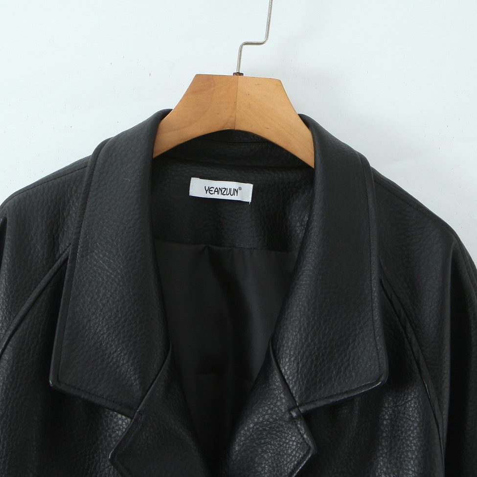 Damska oversize skórzany wygląd płaszcz z Textured Surface i Wide Lapels Lumaza