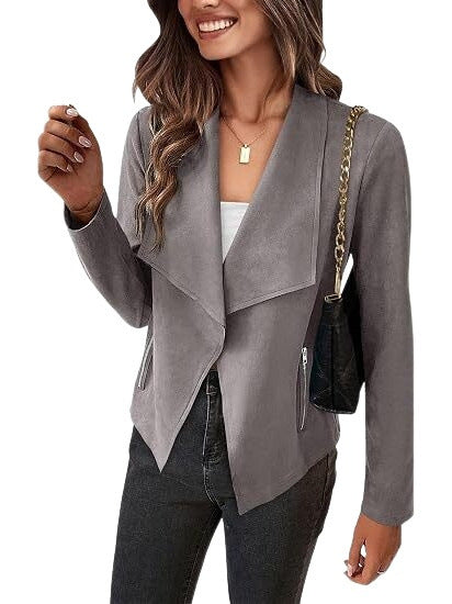 Damskie Imitacja zamszu Waterfall Marynarka z Asymmetrical Dół i Kieszenie na zamek