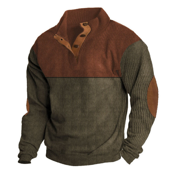 Męska strukturalny rugby sweter z Stójka, Listwa guzikowa, i skóra elbow patches