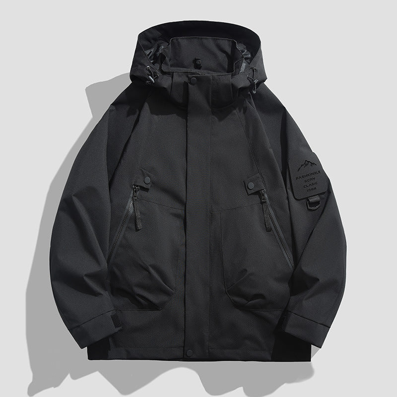 Męski Wodoodporny Utility Kurtka softshell z Kaptur, Diagonal Kieszenie na zamek &amp; Regulowany Rękaw Straps