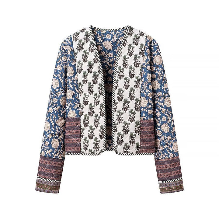 Damska pikowana krótka kurtka in Boho Patchwork styl z otwartym przodem Lumaza