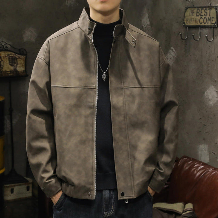 Męski Boxy Leather-Look Blouson z ukryty zamek placket, stójka, i elastic waistband
