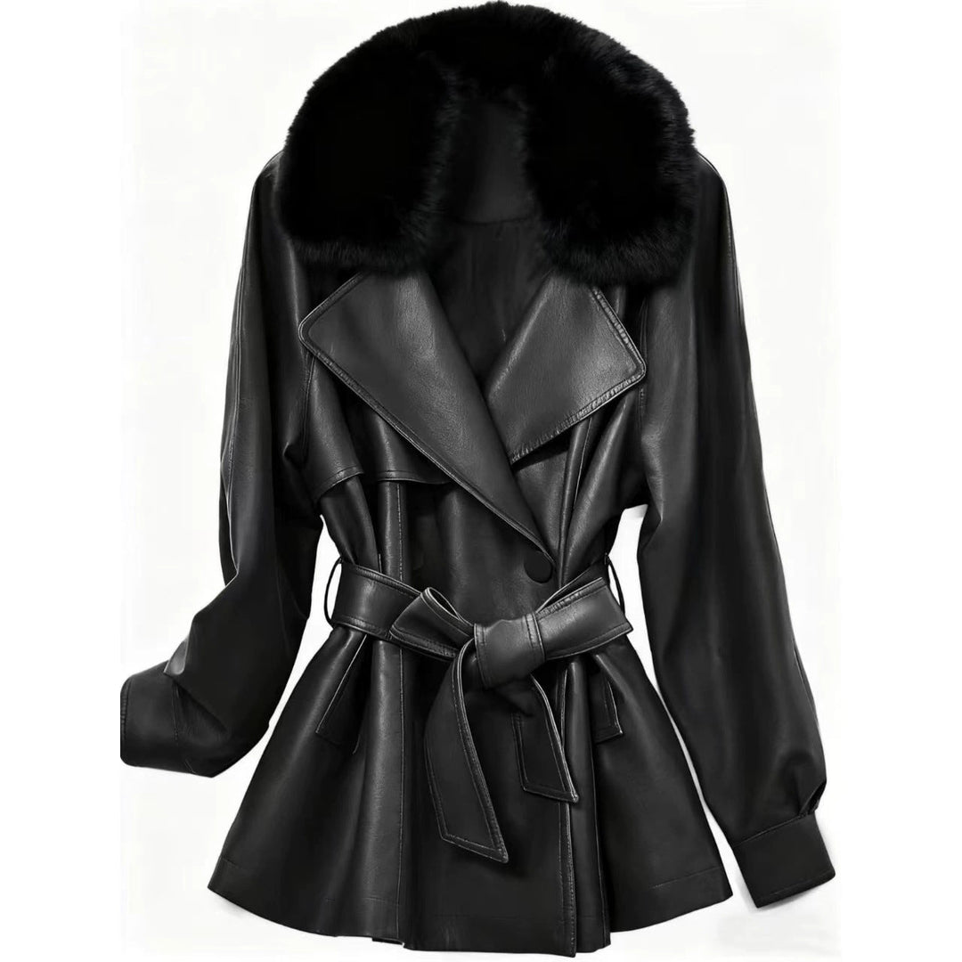 Damska krótka płaszcz made of imitacja skóry z removable faux fur kołnierzem i waist paskiem Lumaza