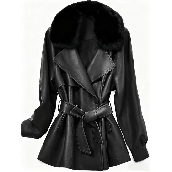 Damska krótka płaszcz made of imitacja skóry z removable faux fur kołnierzem i waist paskiem Lumaza