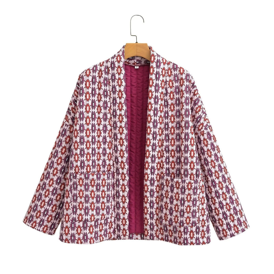 Damska wzorzysta kimono pikowana kurtka z otwartym przodem i z naszywanymi kieszeniami Lumaza
