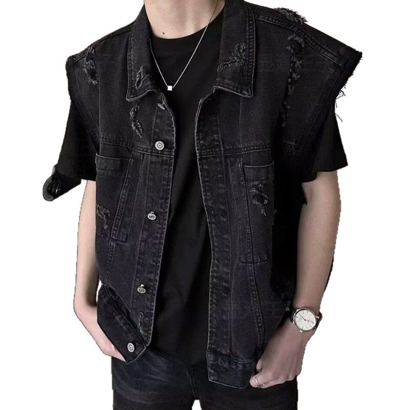 Męski denim kamizelka w vintage used stylizacja z destroyed kieszenie i boxy krój