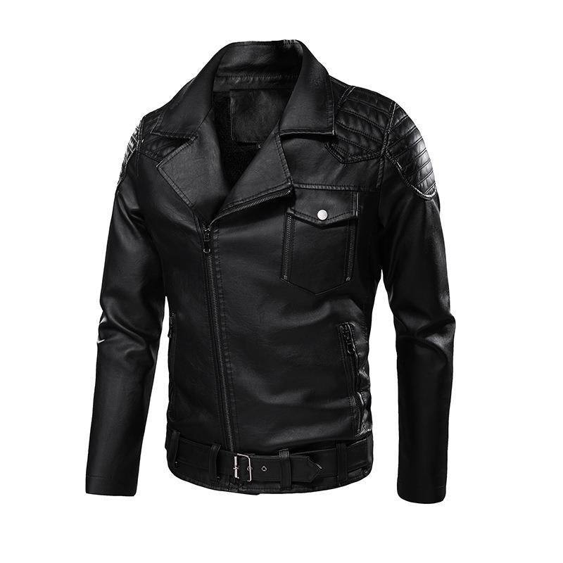 Męski imitacja skóry biker kurtka z ramienny pikowanie, asymmetric zamek, i regulowany belted waist