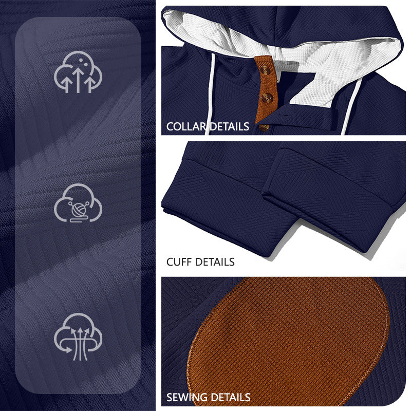 Męska textured bluza z kapturem jogging set z Henley Listwa guzikowa i kontrastowy elbow patches