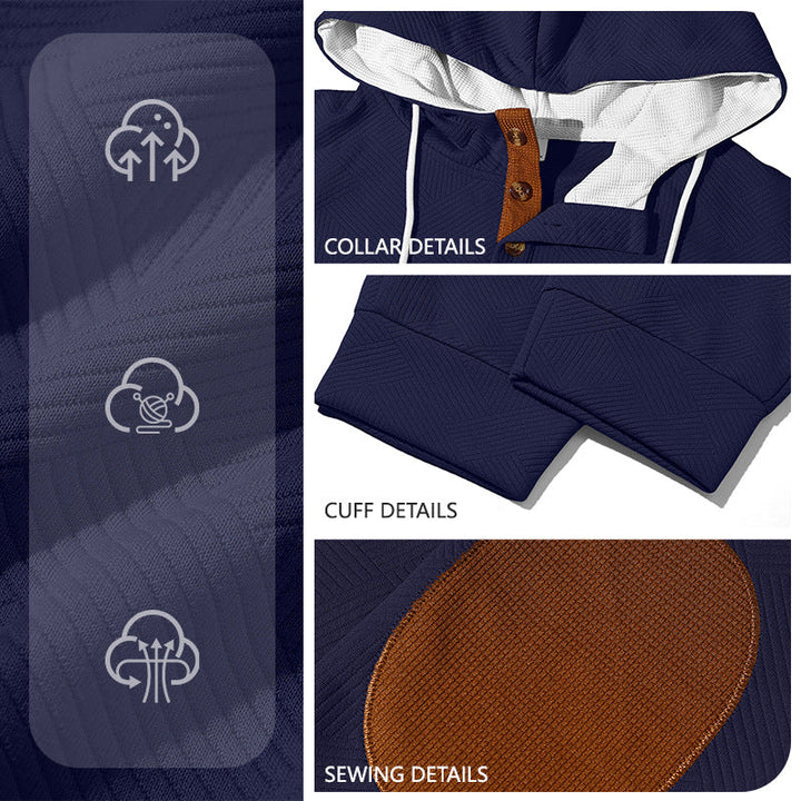 Męska textured bluza z kapturem jogging set z Henley Listwa guzikowa i kontrastowy elbow patches