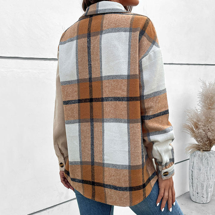Damska kurtka koszulowa w two-tone kratka i sztruks mieszanka z oversize Krój