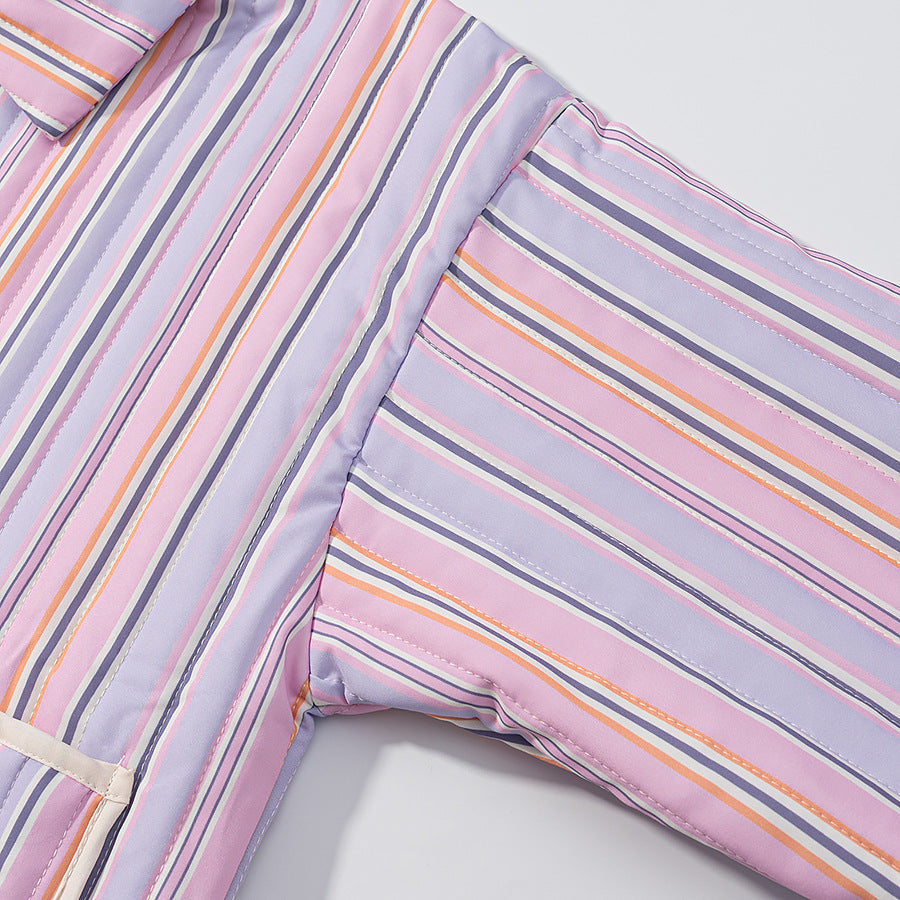 Damska Striped lightly ocieplana Krótka Kurtka z zamek i naszywane Kieszenie