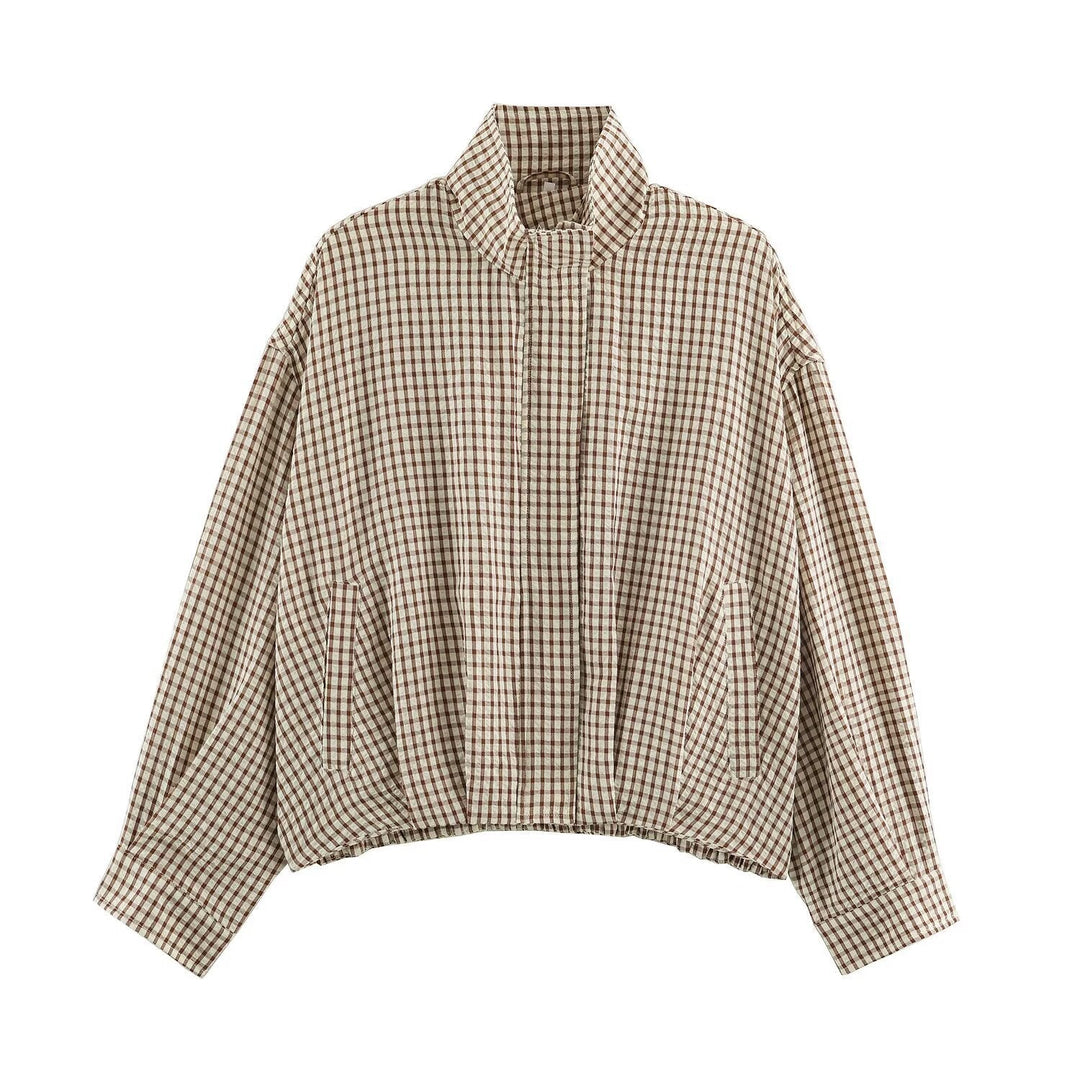 Damskie Oversize Checkered Bluzon Kurtka z Stójka