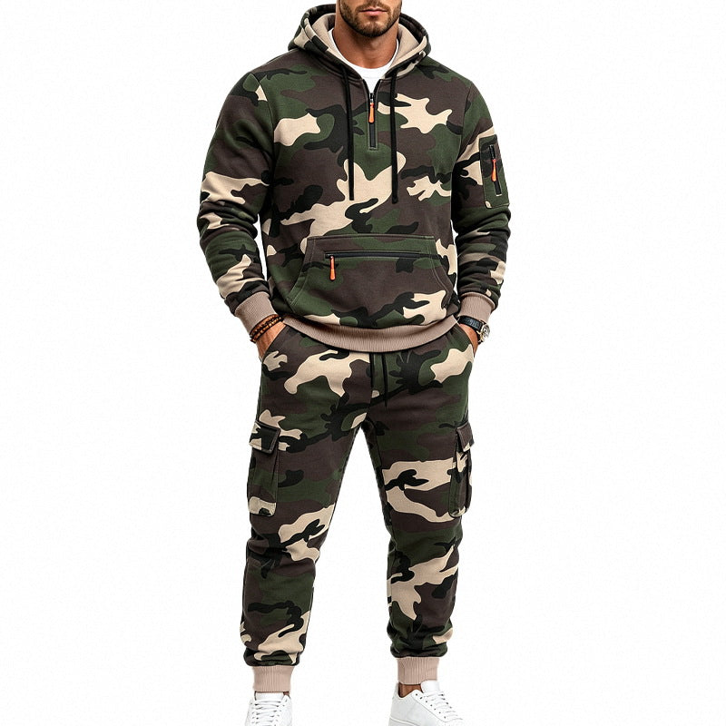 Męska Camouflage Bluza z kapturem Bluza i Jogging Spodnie Set z Cargo Kieszenie i Zippers