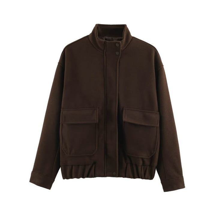 Damska boxy Wool Blouson z ze stójką, dużymi klapką kieszeniami i Elastic dołem Lumaza