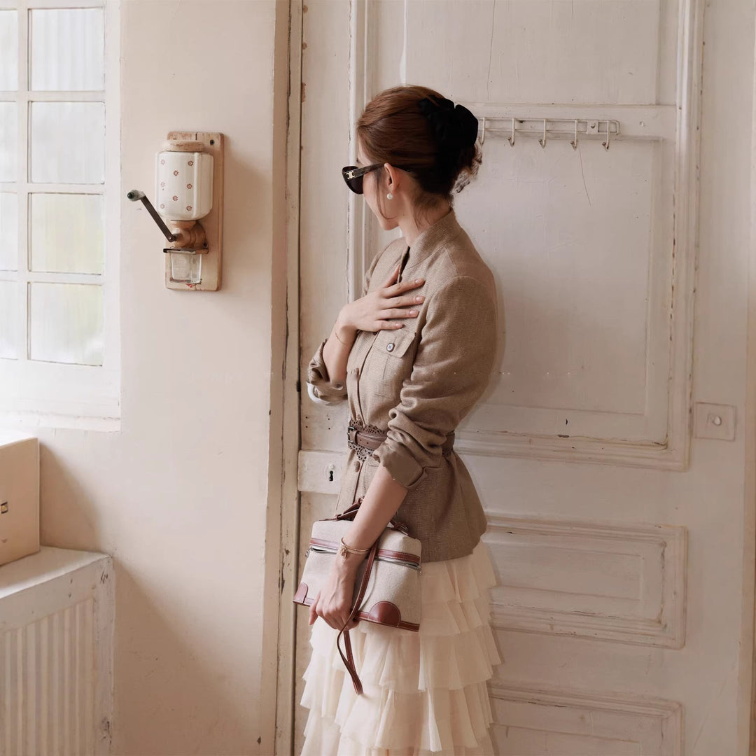 Damska elegancka Linen kurtka z Waist paskiem Drune