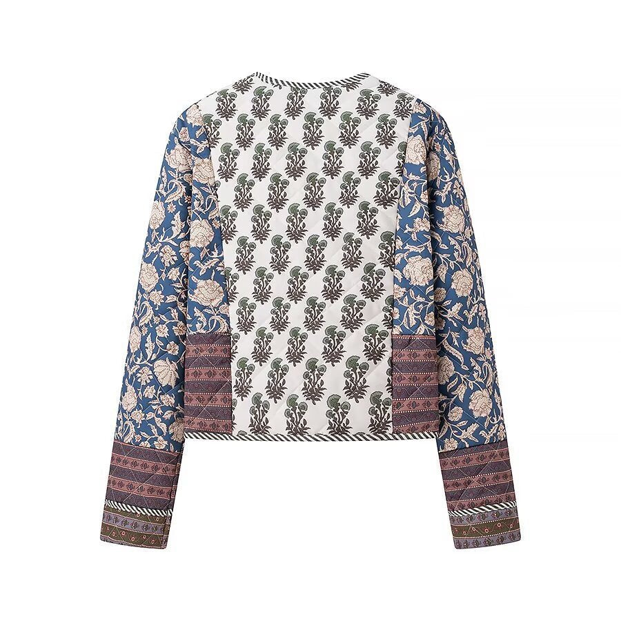 Damska pikowana krótka kurtka in Boho Patchwork styl z otwartym przodem Lumaza