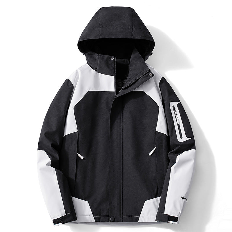 Męska technical softshell kapturemed kurtka z kontrastowy panels i zamkiemed rękaw kieszenią