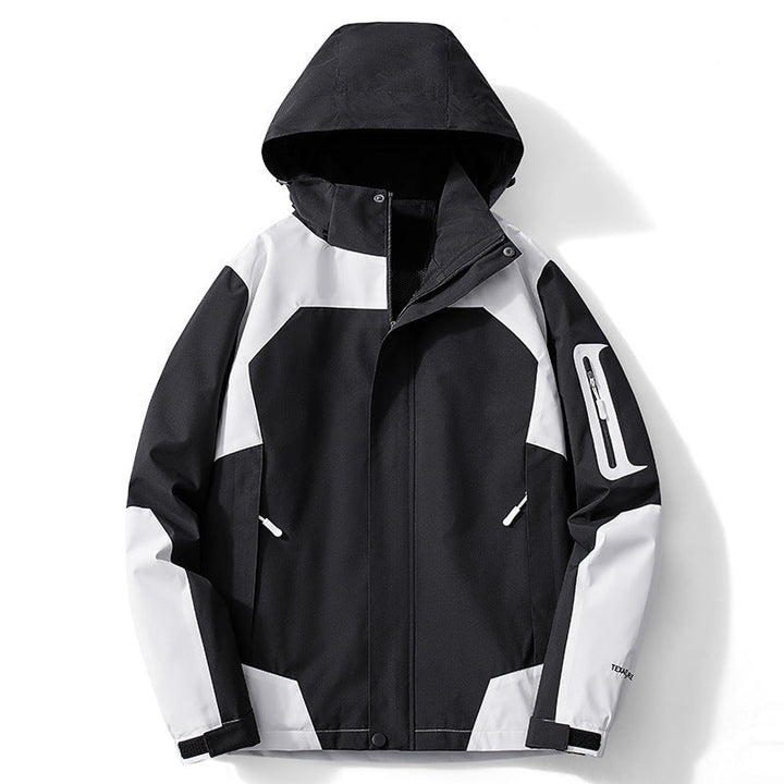 Męska technical softshell kapturemed kurtka z kontrastowy panels i zamkiemed rękaw kieszenią