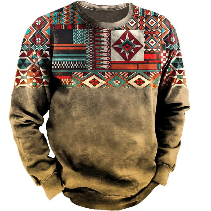 Męska bluza z ethnic block print, vintage fade efekt, i okrągły Dekolt