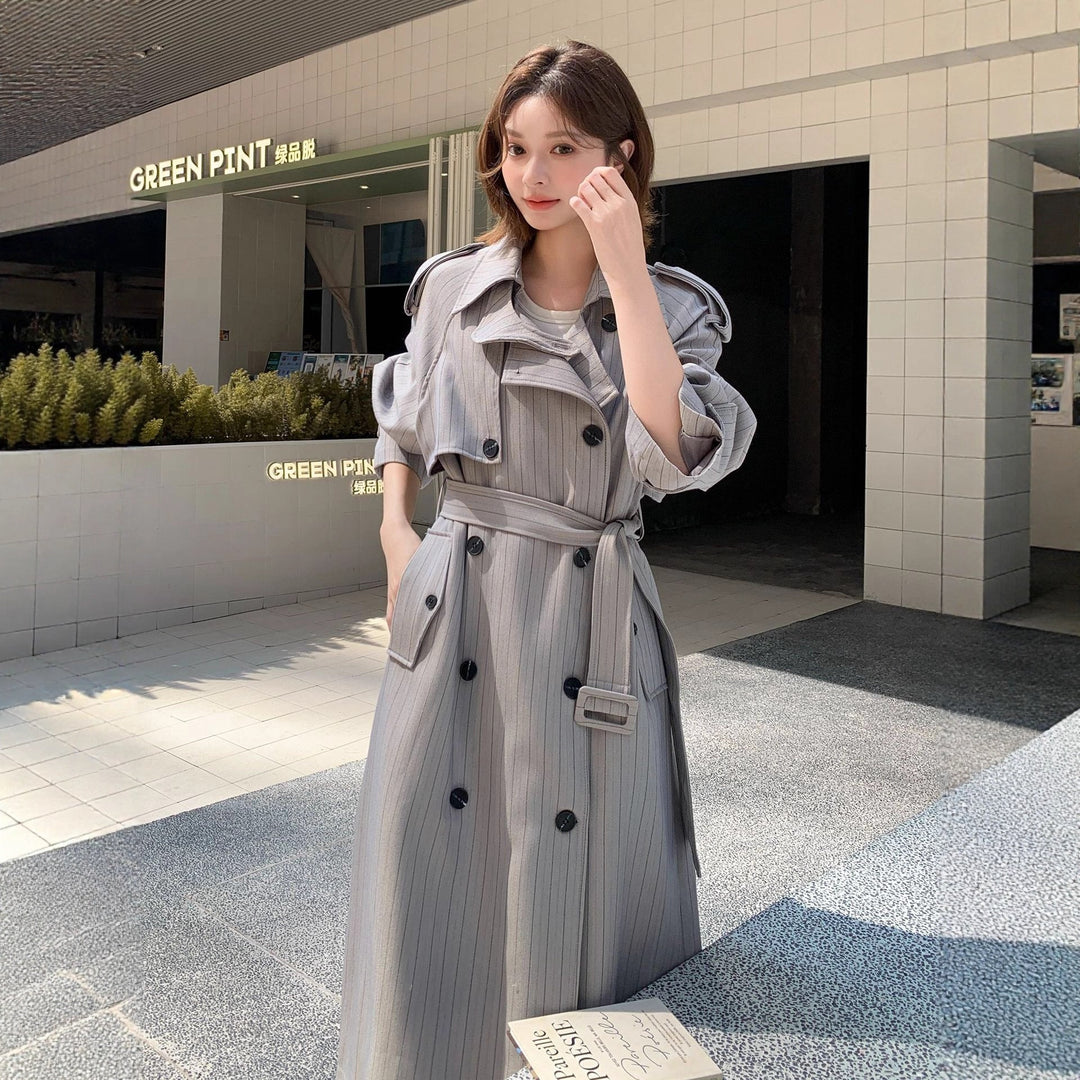 Damska elegancka Maxi długa Pinstripe Trench z na ramiona Pads i Gathered rękawami Lumaza