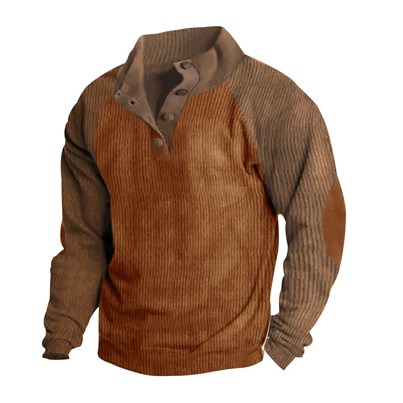Męska termiczny cord pulower z Listwa guzikowa, stójka, raglanowy Rękawy, i elbow patches