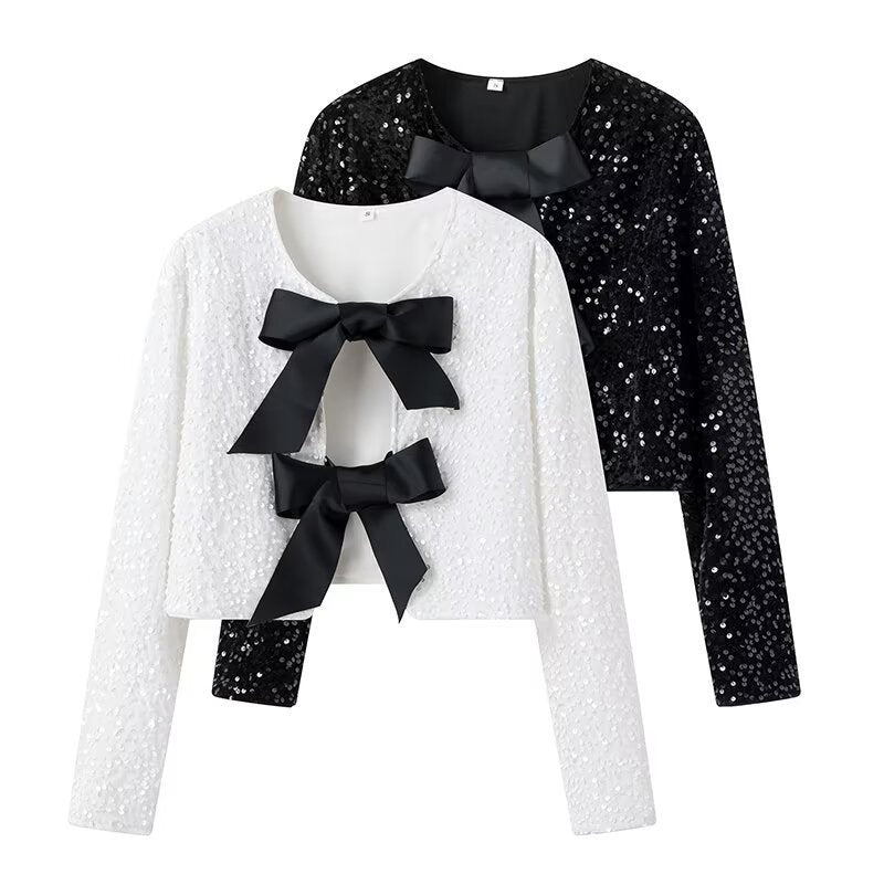 Damska krótka Sequin kurtka z Decorative Bows, Round Neckline i długa rękawami Lumaza