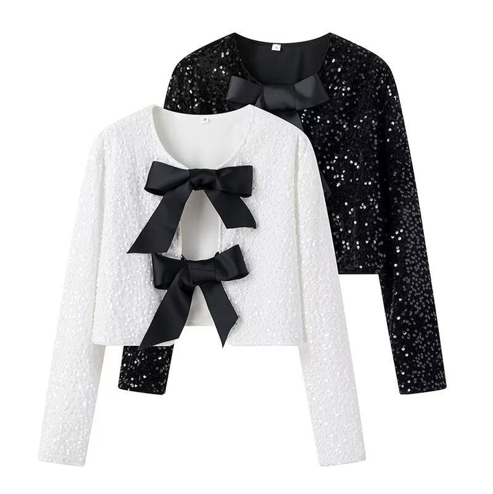 Damska krótka Sequin kurtka z Decorative Bows, Round Neckline i długa rękawami Lumaza