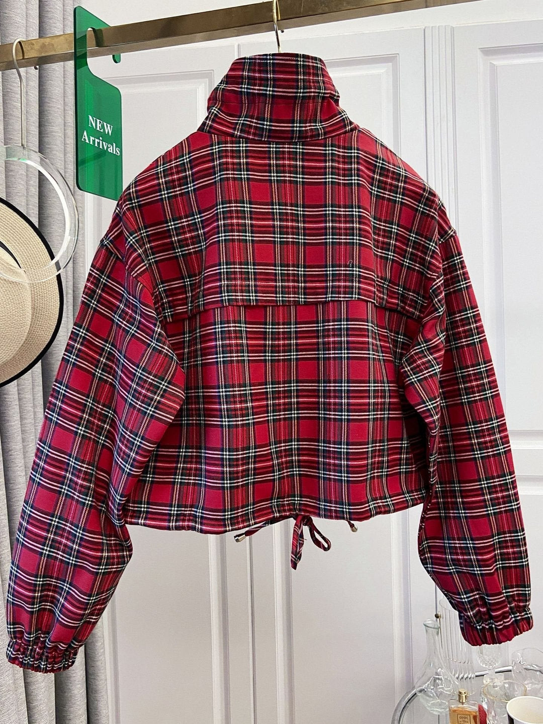 Damska Checkered krótka kurtka z stójka kołnierzem, ściągaczem i Elastic Cuffs Lumaza