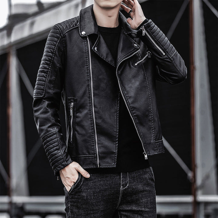 Męski imitacja skóry biker kurtka z pikowany ramienny yoke, asymmetric zamek i metal zamek