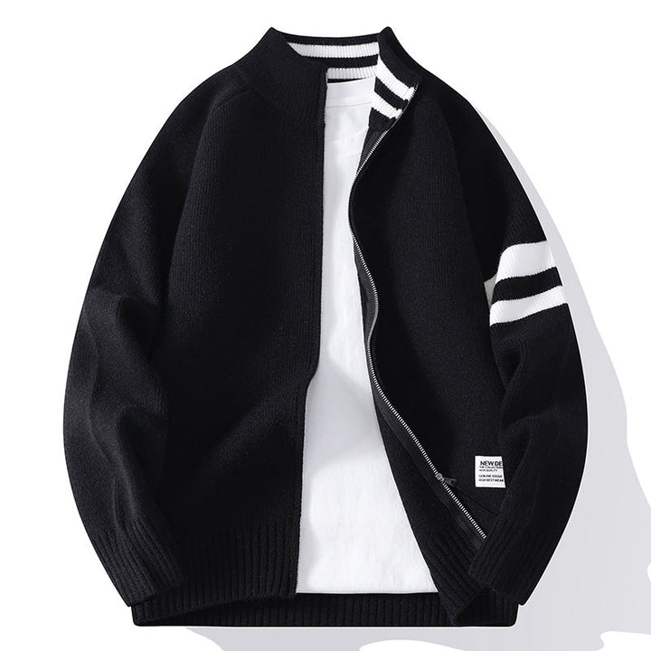Męska dzianinowa zamek kardigan w college Styl z striped rękaw band i prążkowany Stójka