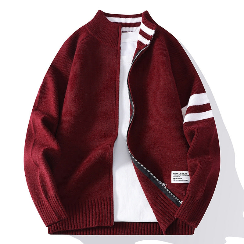 Męska dzianinowa zamek kardigan w college Styl z striped rękaw band i prążkowany Stójka