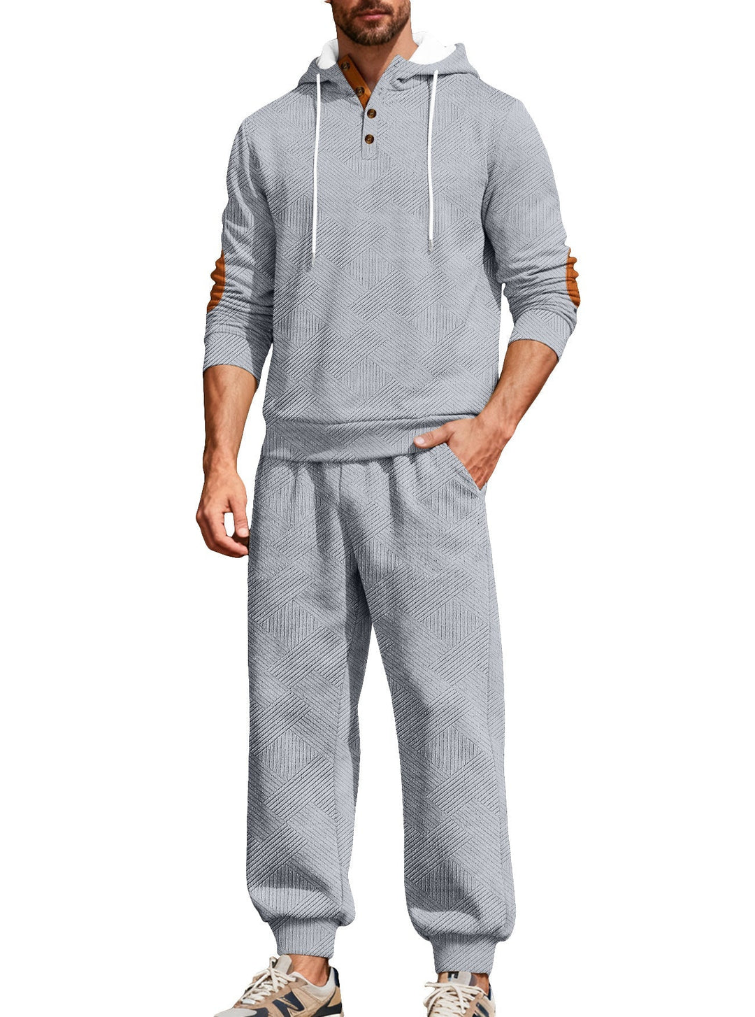 Męska textured bluza z kapturem jogging set z Henley Listwa guzikowa i kontrastowy elbow patches