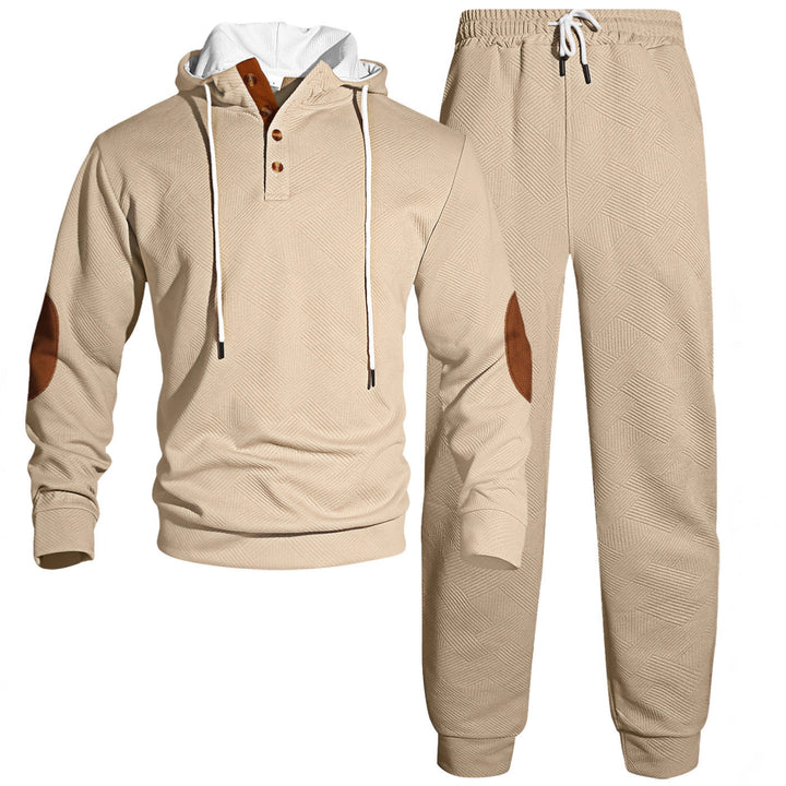Męska waffle structure Henley bluza z kapturem set z wooden Listwa guzikowa elbow patches i tapered joggery